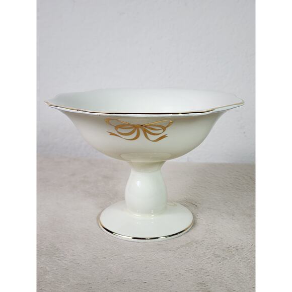 Teleflora Candy Dish Pedestal Bowl 5" Ivory Gold Trim Compote Dish 80s Korea - Picture 7 of 13